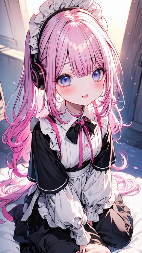  masterpiece, best quality,  double ponytail, Pink Hair, Aho, Cat ear headphones,  blushing, Blue Eyes, Shut up, maid headdress,  8k octagonal rendering, anime style, Japanese illustration style, looks at the audience, 