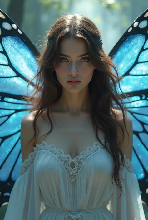 Brunette woman with angel wing and blue butterfly 