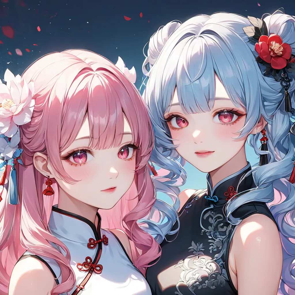 2 girls （The first one has long pink hair, pink eyes, and a black Chinese dress）（The first person is a white Chinese dress with long light blue hair and red eyes）curly hair。