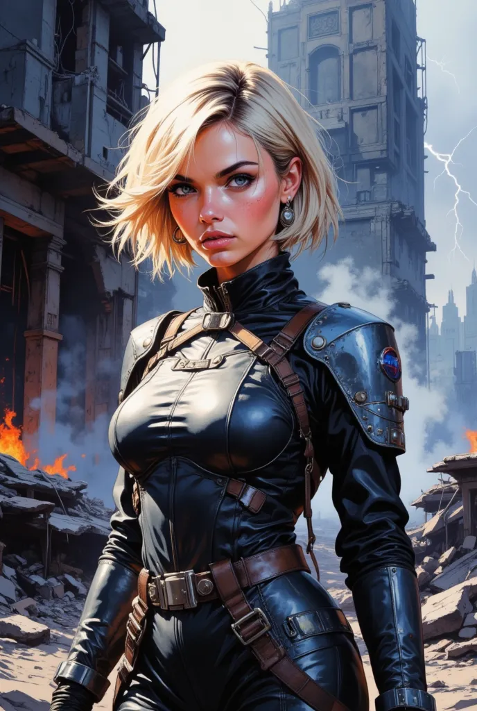 oil painting, sexy girl 22 years old, blonde, short hair, bright blue eyes, круглое лицо, black sexy jacket with metal protects, watercolor background of a destroyed modern sity, black fog, dynamic pose, roaring magic around, fire, lightning in the sky, hi...