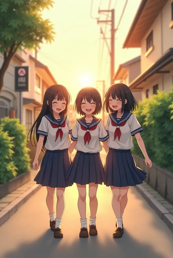 "A Japanese girl wearing a school uniform laughs with her friends as they walk home from school." This prompt depicts a typical scene from everyday life in Japan.