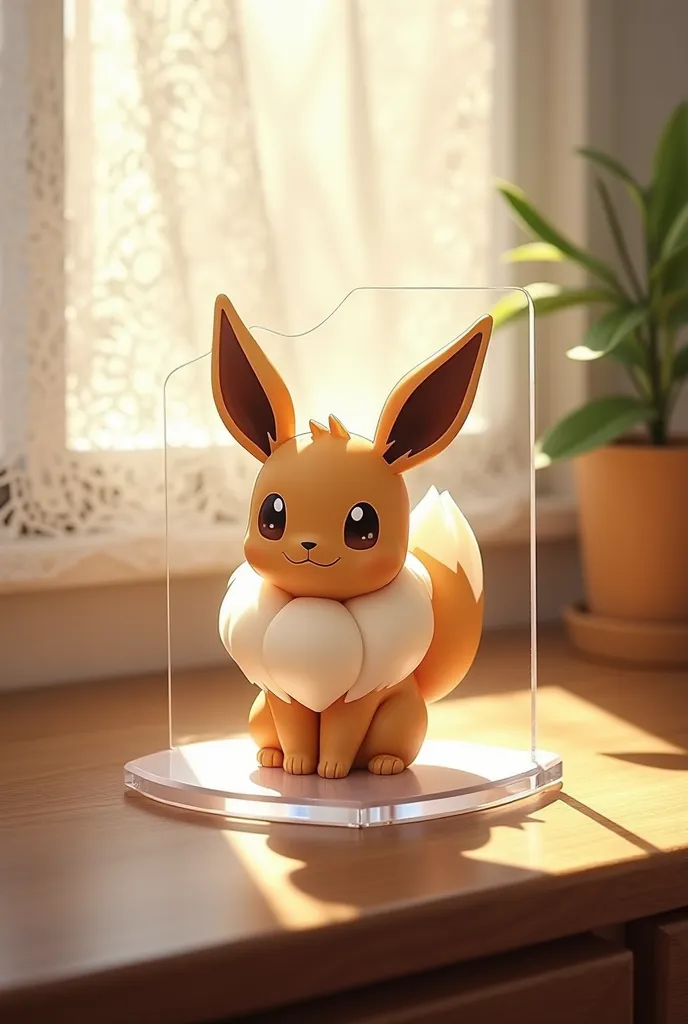 A charming acrylic stand featuring an adorable Eevee illustration gleams softly on a rustic wooden table. Morning sunlight streams through a nearby window, casting warm geometric patterns across the surface. Delicate white lace curtains flutter gently in t...