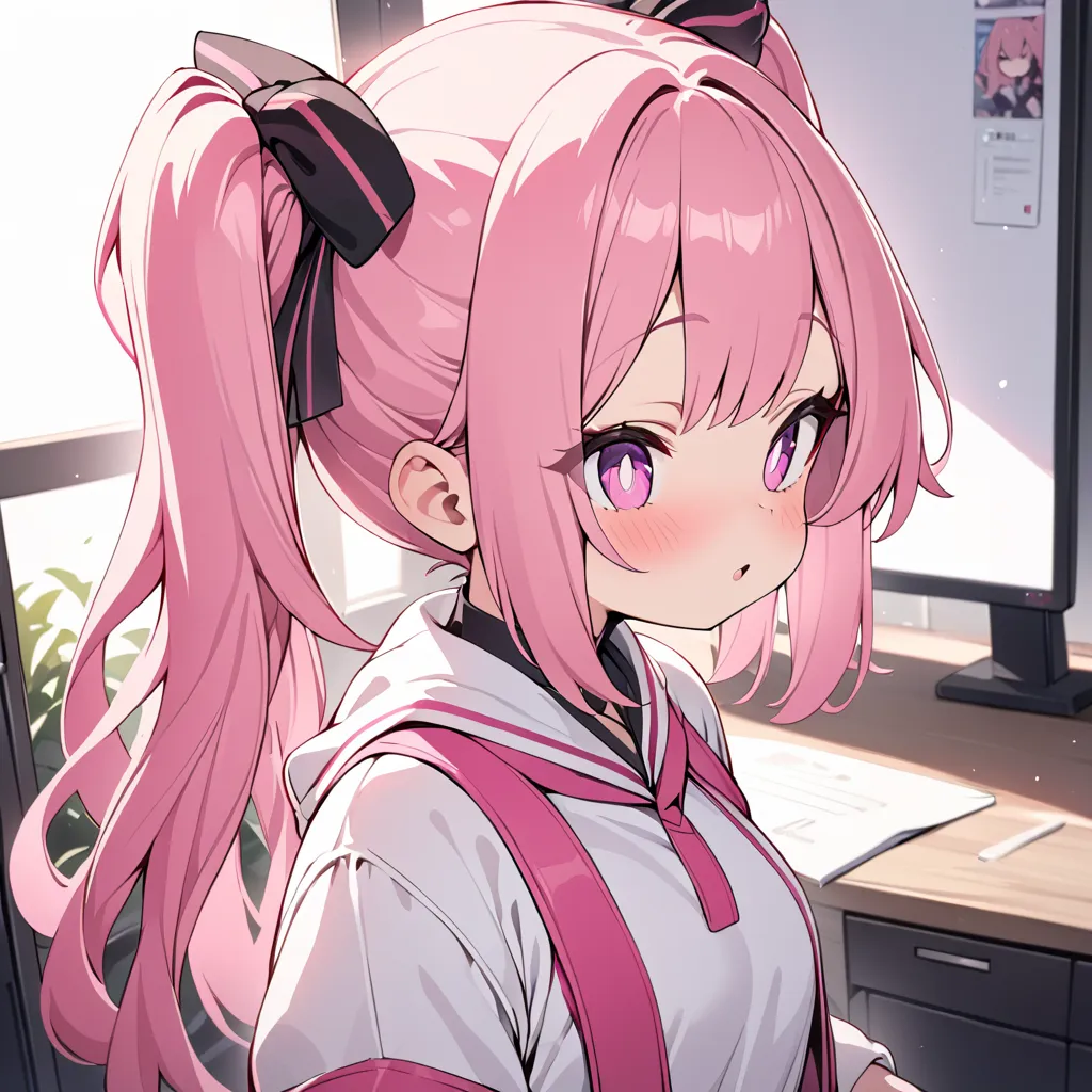 Hi-res, 1 woman,  masterpiece,  high detail, high quality,  ultra-high definition,  double ponytail, Aho, Pink anime, 