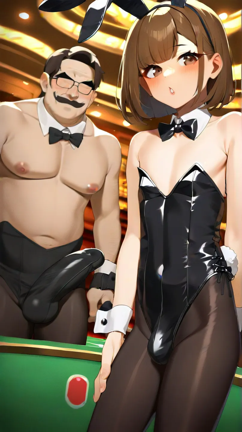 (At the Casino,  in the seat,  curvy, age man,   short,  flat chest,  Playboy Bunny,  Rabbit Ears, black  Rabbit Ears, fake  Rabbit Ears,  pantyhose, black  pantyhose,  bow tie,  wrist cuff as pmaru,  ((large penis bulge1.0)), Black Leotard, Medium bob hai...