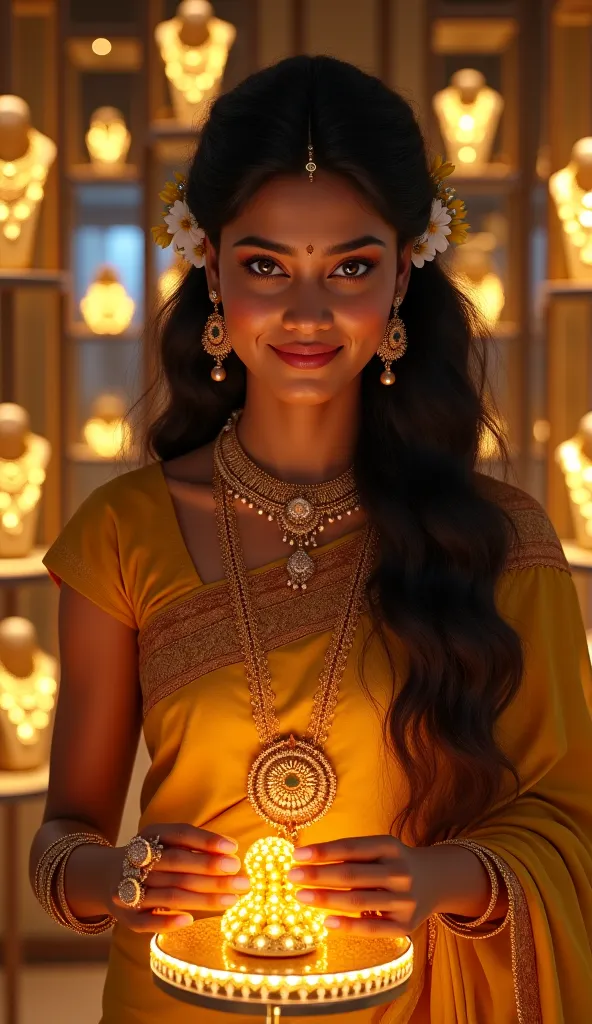 A beautiful 22-year-old South Indian woman from ancient times, dressed in an elegant traditional silk saree with intricate gold embroidery. She stands in a grand jewelry shop, her face glowing with happiness as she admires a newly purchased gold necklace. ...