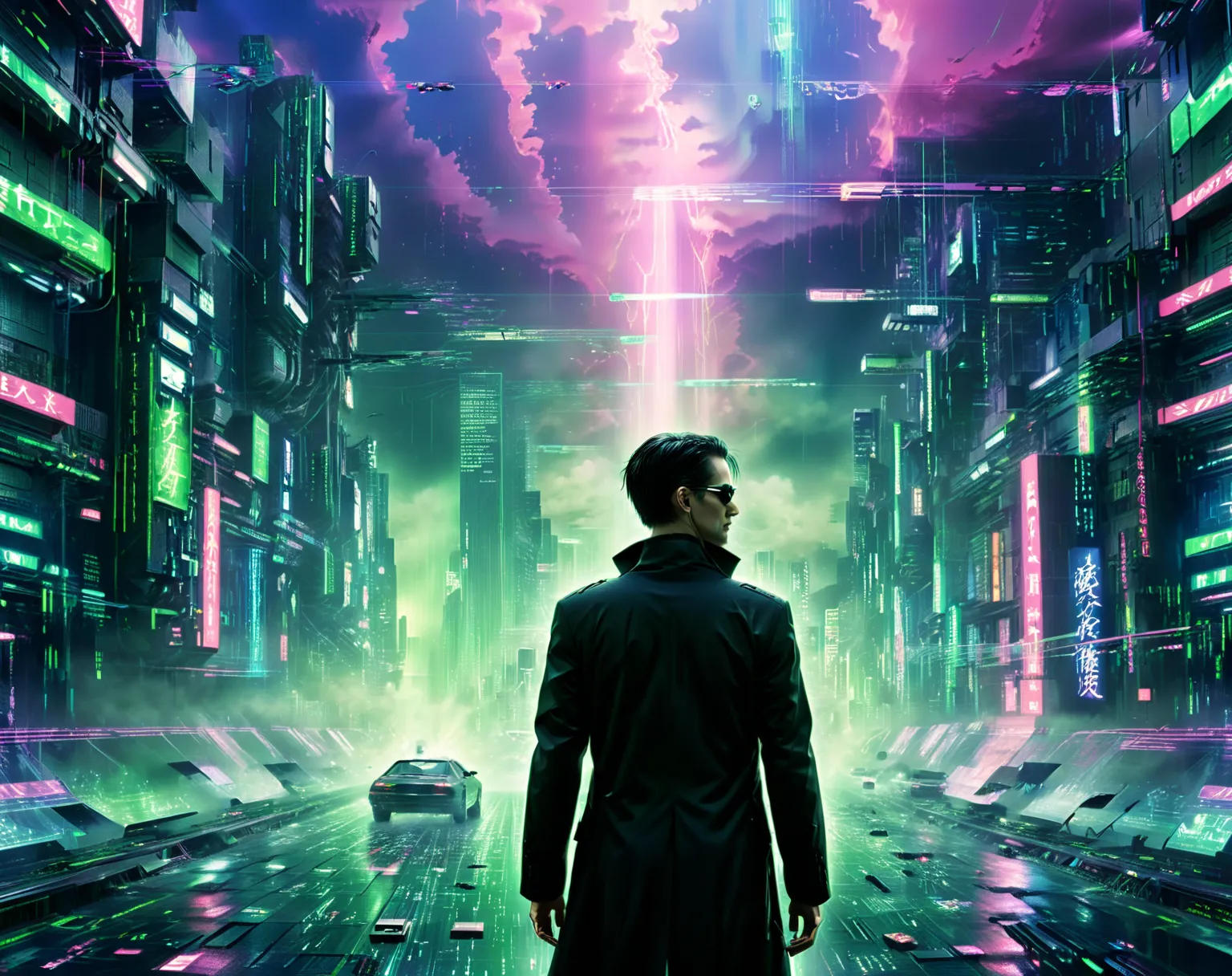 vaporwave art, movie "The Matrix", cyberpunk, panoramic, Ultra high saturation, (best quality, masterpiece, Representative work, official art, Professional, 8k)