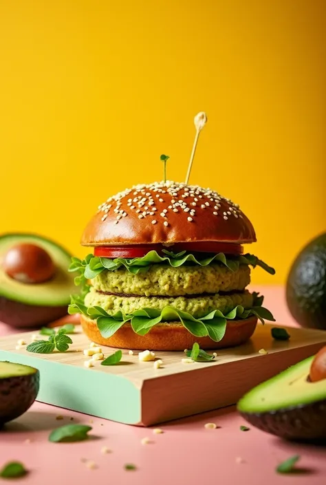 generate a new advertisement for a company selling foodthey sell chicken by the basket, Chicken Broaster , hamburgers,I want you to advertise the new product of AVOCADO HAMBURGER(Where there is no meat but avocado)use the yellow colors,red and white,  oran...