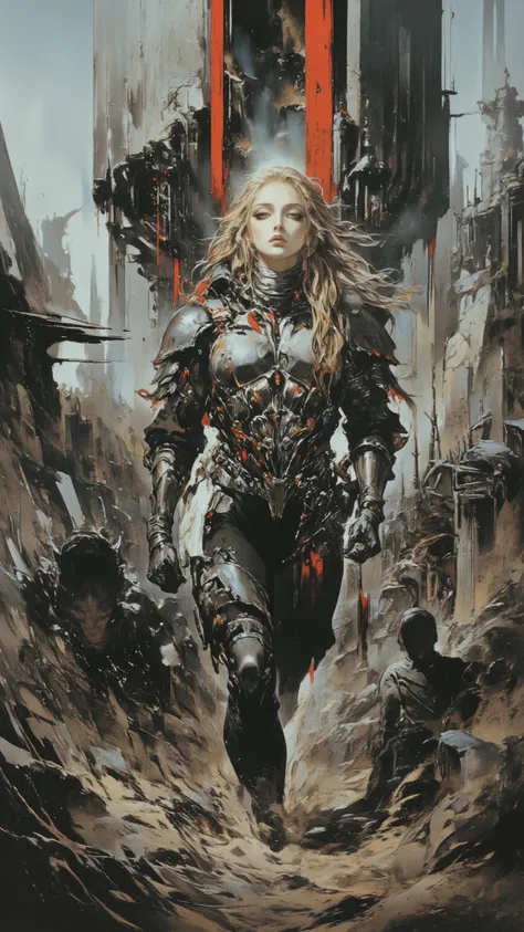 full body, Female Knight，fear ，sci-fi，future，armor，sexy，long golden hair，Wayne Reynolds draws，in a highly detailed and dynamic style, 