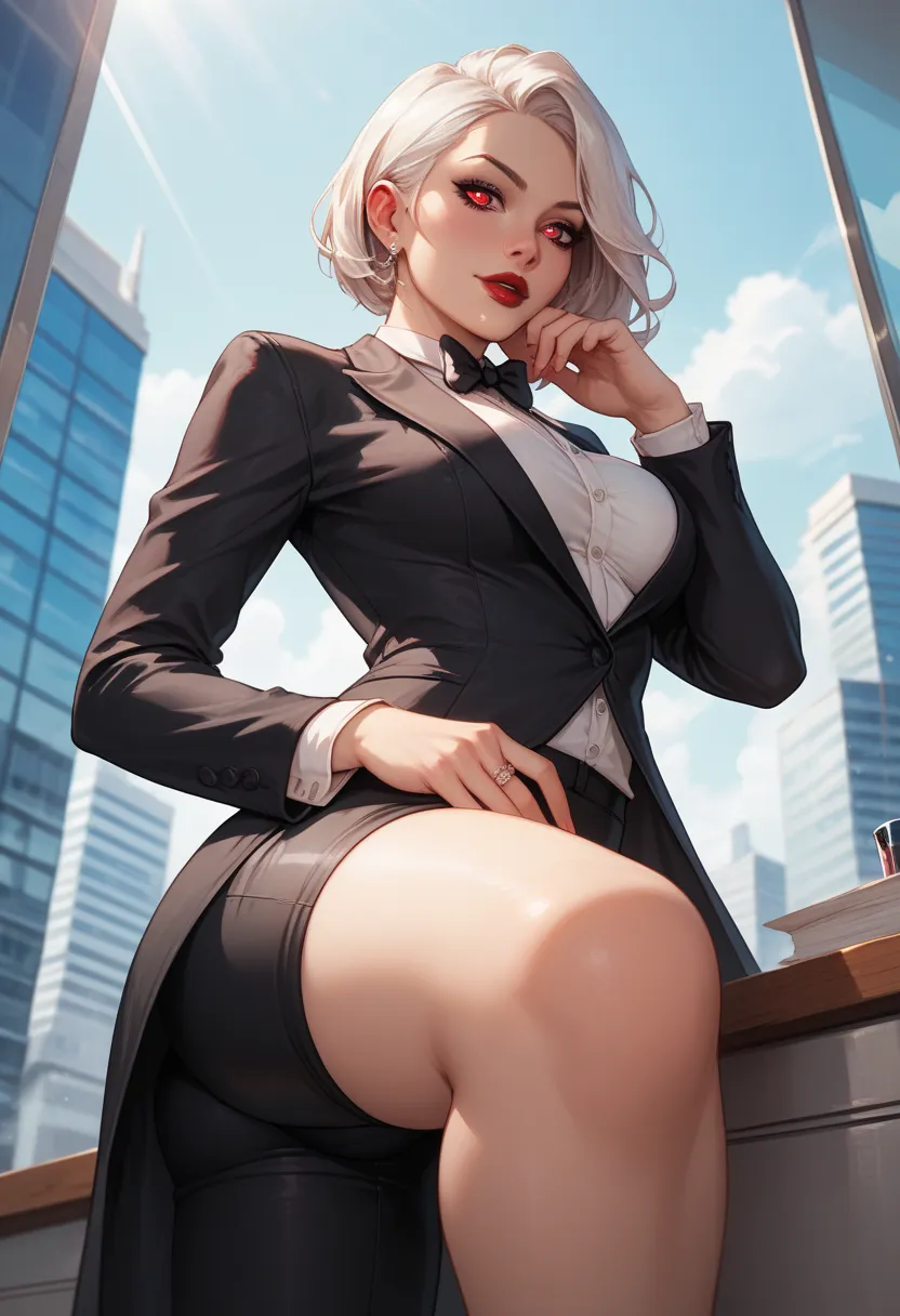  Extremely beautiful woman, white hairstyle covering her left eyes, front view, view from knees till her  face, standing in a glass office skyscraper, perfect red eye pupils, close up view of her knees and face, POV, red lips,  breasts, big butt, wearing b...