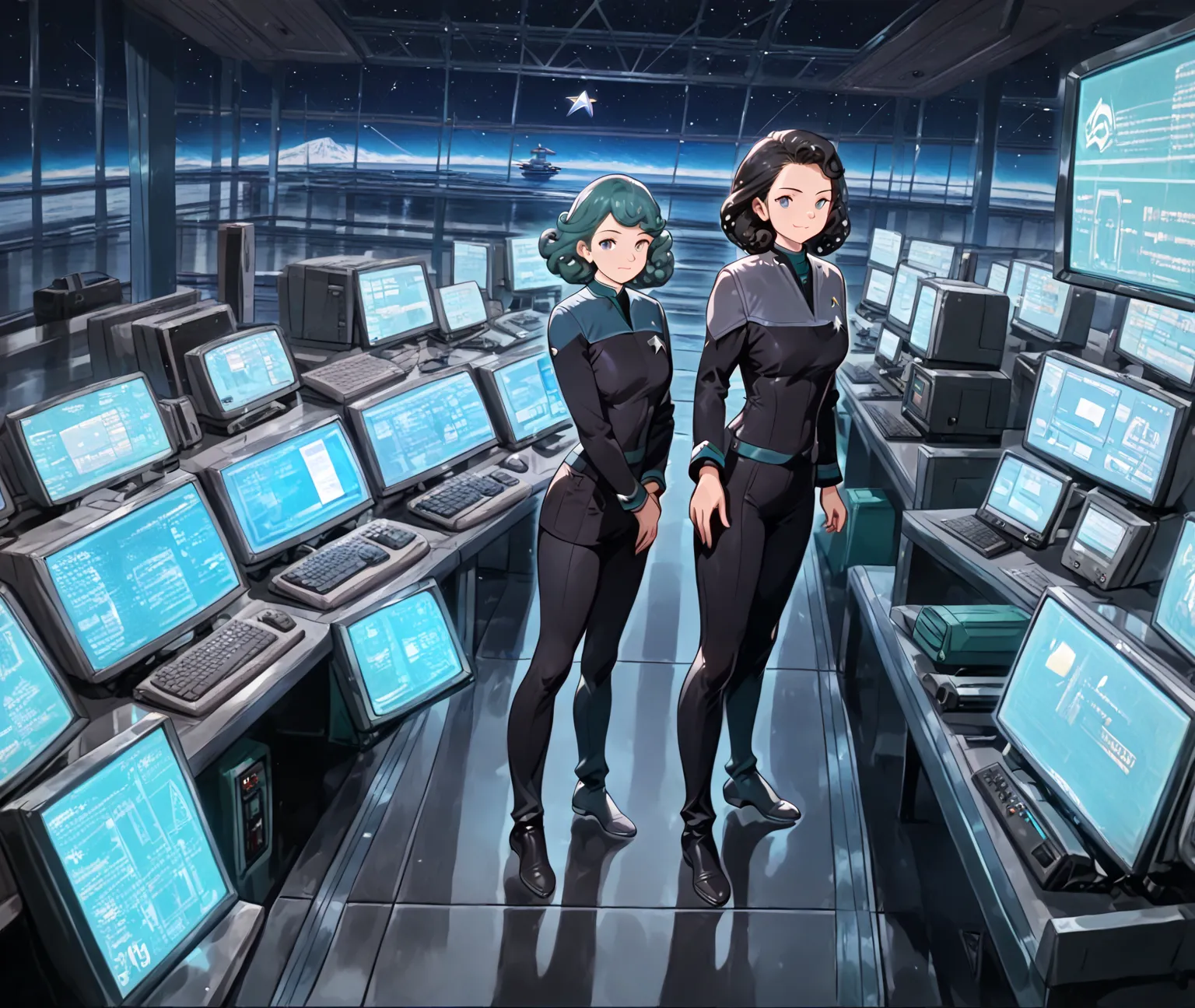 (Star Trek, Strarfleet), (ds9st, teal neck, black and grey star trek uniform, grey shoulders), (1 Adult Female, Long Curly Hair), (Standing on an epic starship bridge surrounded by computers with a strong glow), (Anime Style)