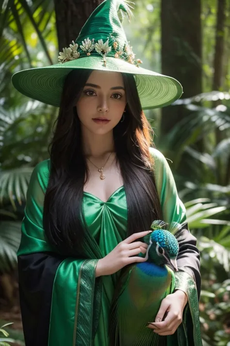 Based on the characteristics and qualities you mentioned, here  a description of a female character, a witch with green colors and who has the peacock animal as part of her representation: Silvana, the Peacock Witch,  a witch with a mysterious and exuberan...