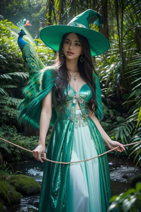 Based on the characteristics and qualities you mentioned, here  a description of a female character, a witch with green colors and who has the peacock animal as part of her representation: Silvana, the Peacock Witch,  a witch with a mysterious and exuberan...