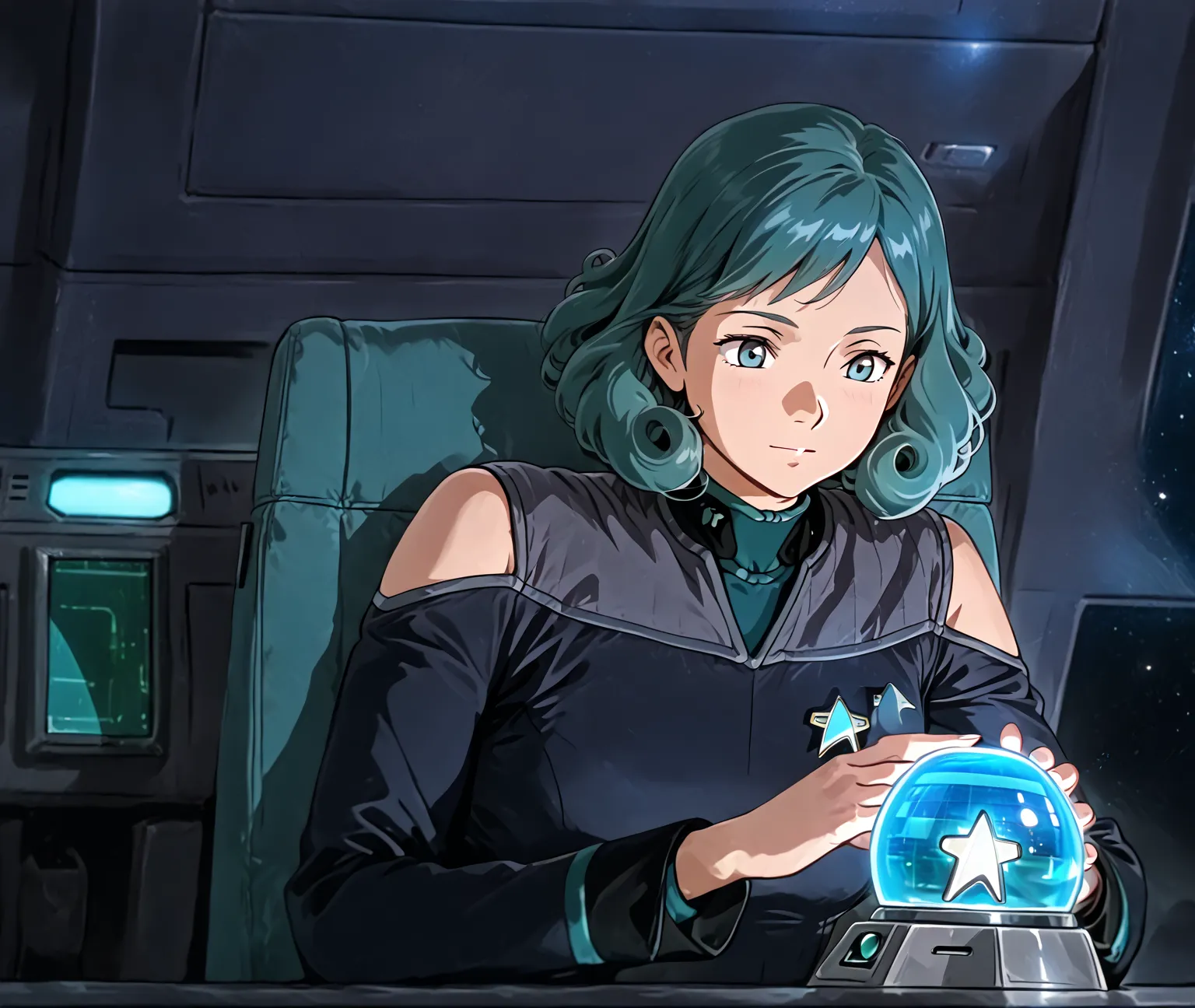 (Star Trek, Strarfleet), (ds9st, teal neck, black and grey star trek uniform, grey shoulders), (1 Adult Female, Long Curly Hair), (In front of a warp core glowing intensely green), (Anime Style)