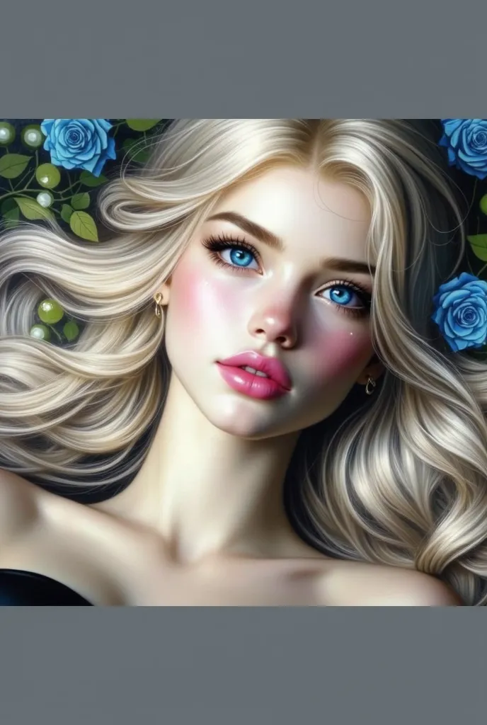 Create a blond girl with blue eyes with white and pale skin 