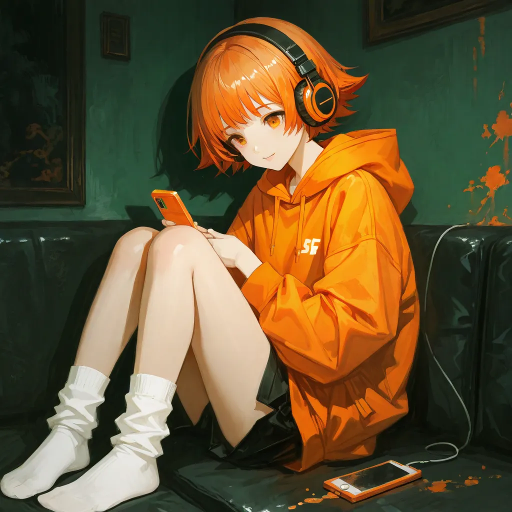 Chinese girl with headphones, orange messy short hair jacket.  charismatic , orange hooded sweatshirt, 2.5d digital art mixed with oil painting. Looking at the cell phone and happy. sentada em cima de sua cama with white socks .