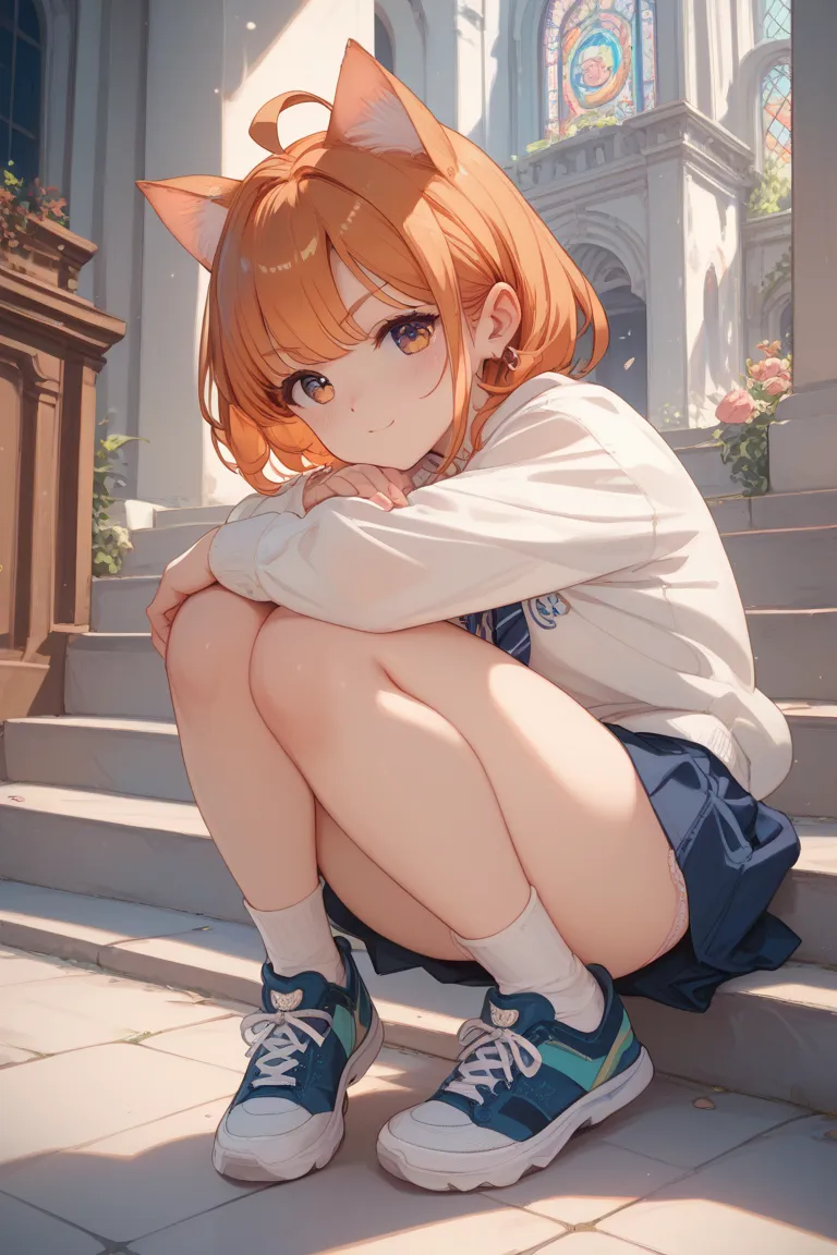 detailed　 orange hair 　short　Cat ears　hanging eye　Drooping eyebrows　　panties　sweatshirt　woman　 small tits　 cute　 full body shot on one side　church　pray