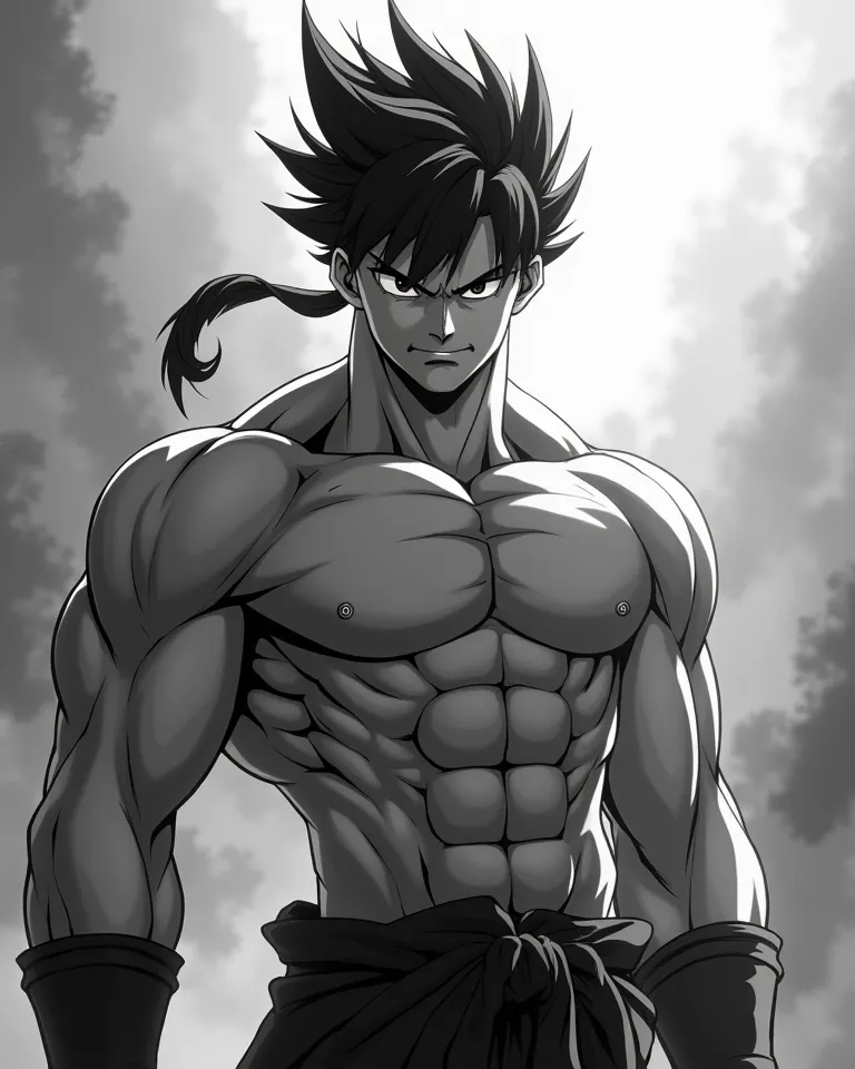 Create a muscular anime-style boy posing in front for a black and white TikTok video with muted backgrounds 