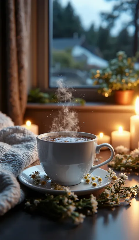 A cozy nighttime scene featuring a steaming cup of herbal tea in a white porcelain cup and saucer, surrounded by chamomile flowers and fresh herbs. The setting is dimly lit, with warm candlelight creating a tranquil and relaxing atmosphere. The background ...