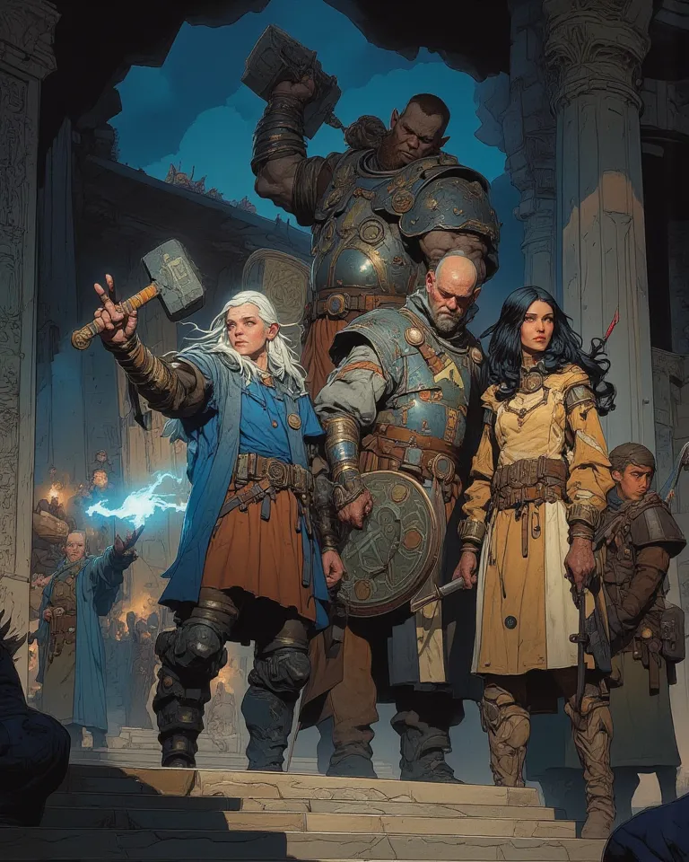 An epic fantasy pathfinder rpg scene in the style of Frank Frazetta, depicting a group of adventurers exploring a dark and mysterious dungeon. A human sorcerer with long silver hair, wearing blue robes, holds a magical staff, conjuring a protective spell t...