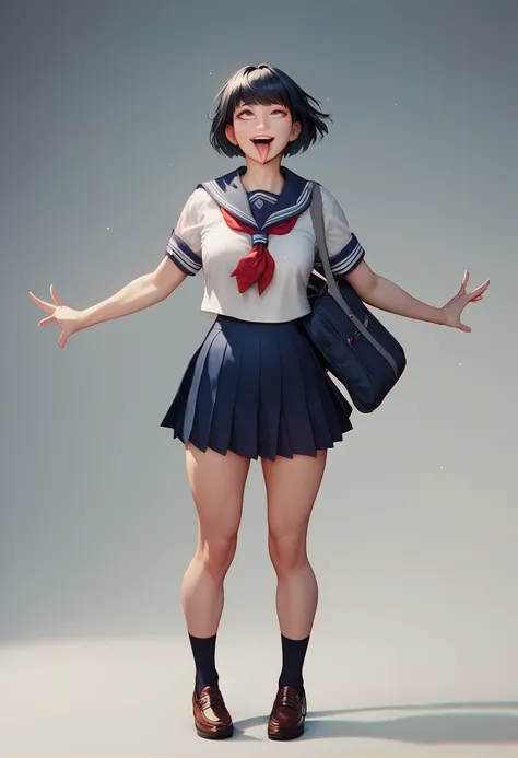 Girl, school uniform, black hair, bangs, short bob, standing, full body, smile,double-piece, front view,dynamic pose ,ahegao