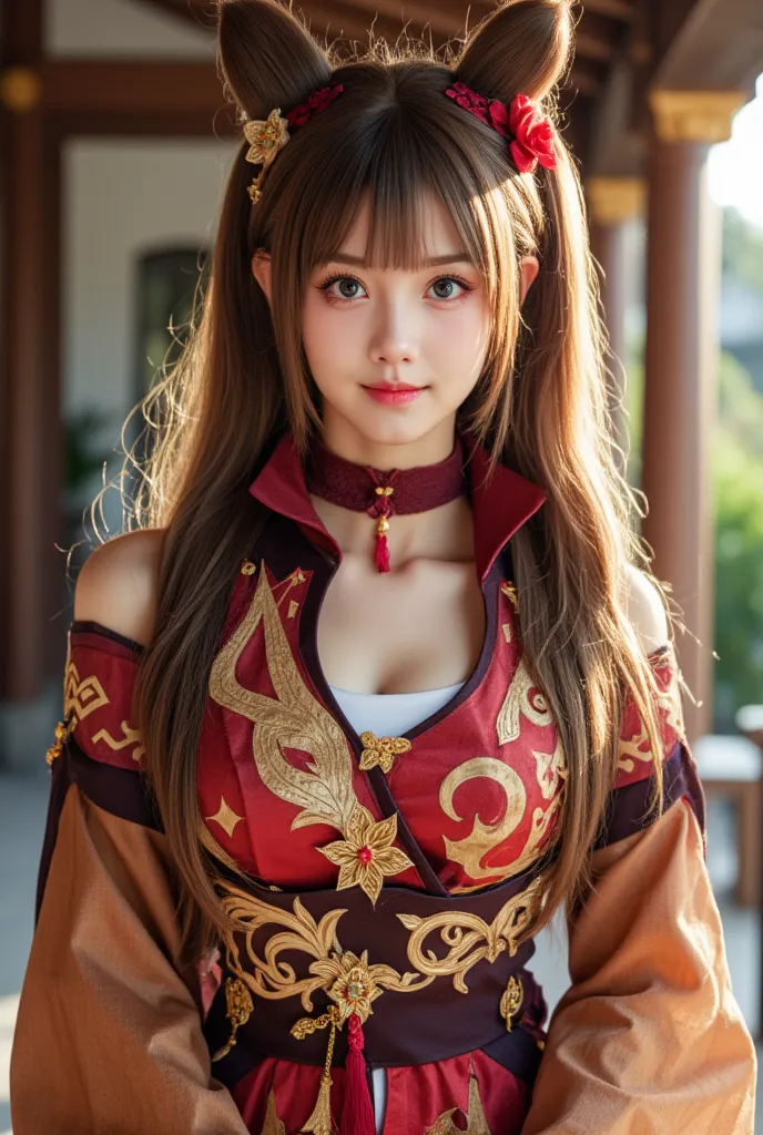 Sfw, A photo of a beutiful tall slim woman in genshin-hutao cosplay costume. She is wearing jewelry chinese clothes and brown long wide sleeves jacket and red shirt, and tailcoat with tassel and shorts. She has brown twintails hair with hat and hat flower,...