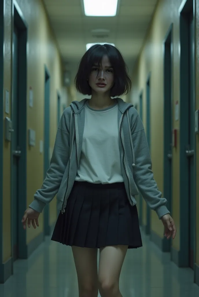 create an image of a schoolgirl with short hair who fainted in the school hallway, in a t-shirt and a gray hoodie with a zipper and a short black pleated skirt, she lies to death after being injured in combat, photo above and we can see it in full length