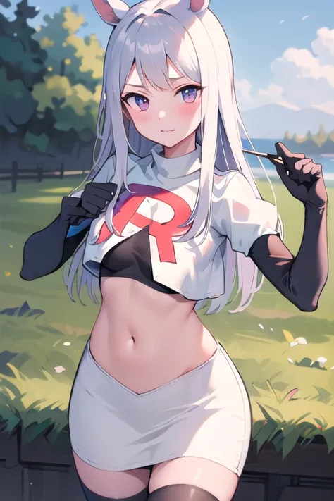 masterpiece, 8k wallpaper, best quality, 1girl, MejiroMcQueen, blush, looking at the viewer, grass, team rocket,team rocket uniform,white skirt,red letter R,crop top,black thigh-highs,black elbow gloves