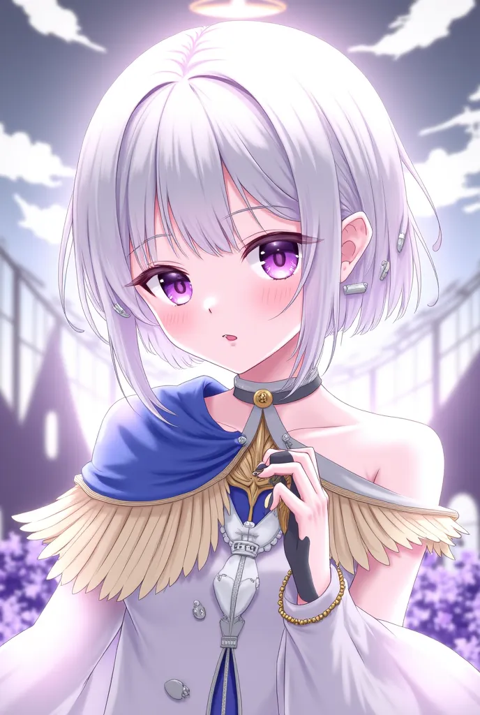 Girl illustration. Brilliant idol-like visuals.  silver hair. purple eyes. Romance picture style