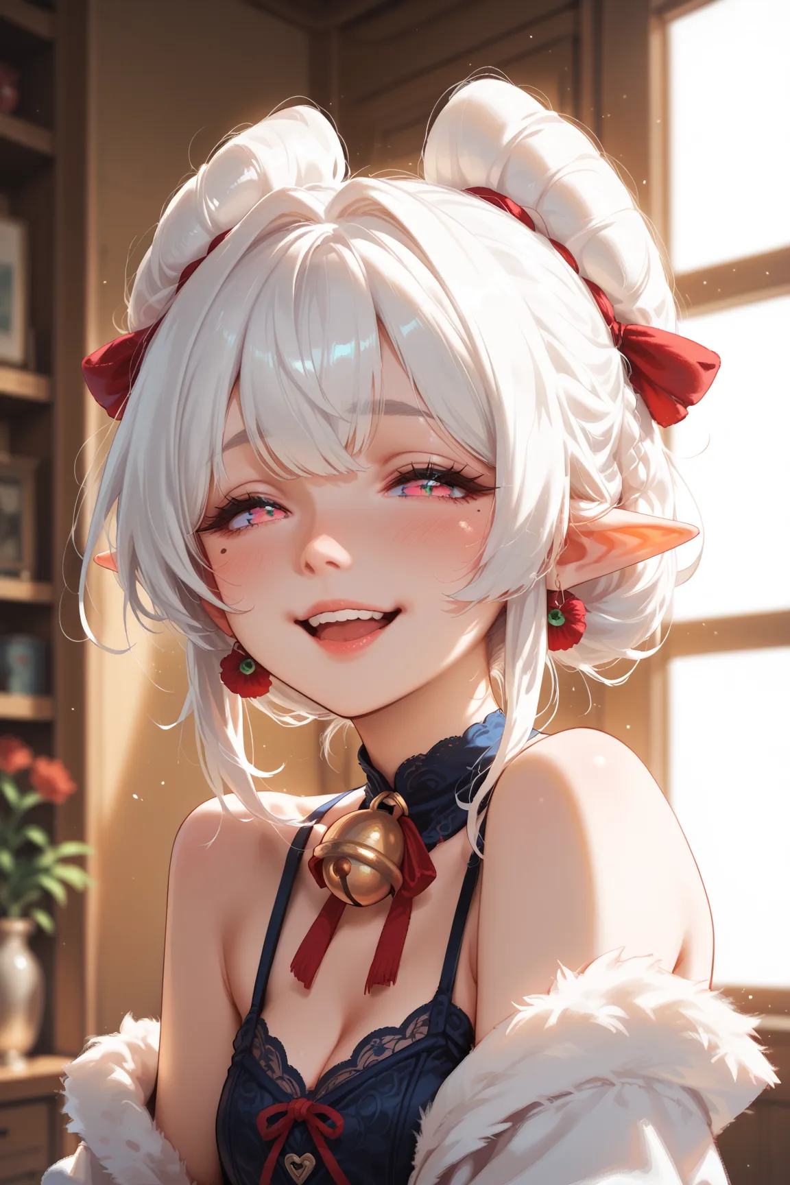   white hair  , mole under the eye, mismatched Sklera, Heterochromie, Blush,  shy, laugh, Bell, ray tracing, God rays, backlight, glowing light , Anime Style  