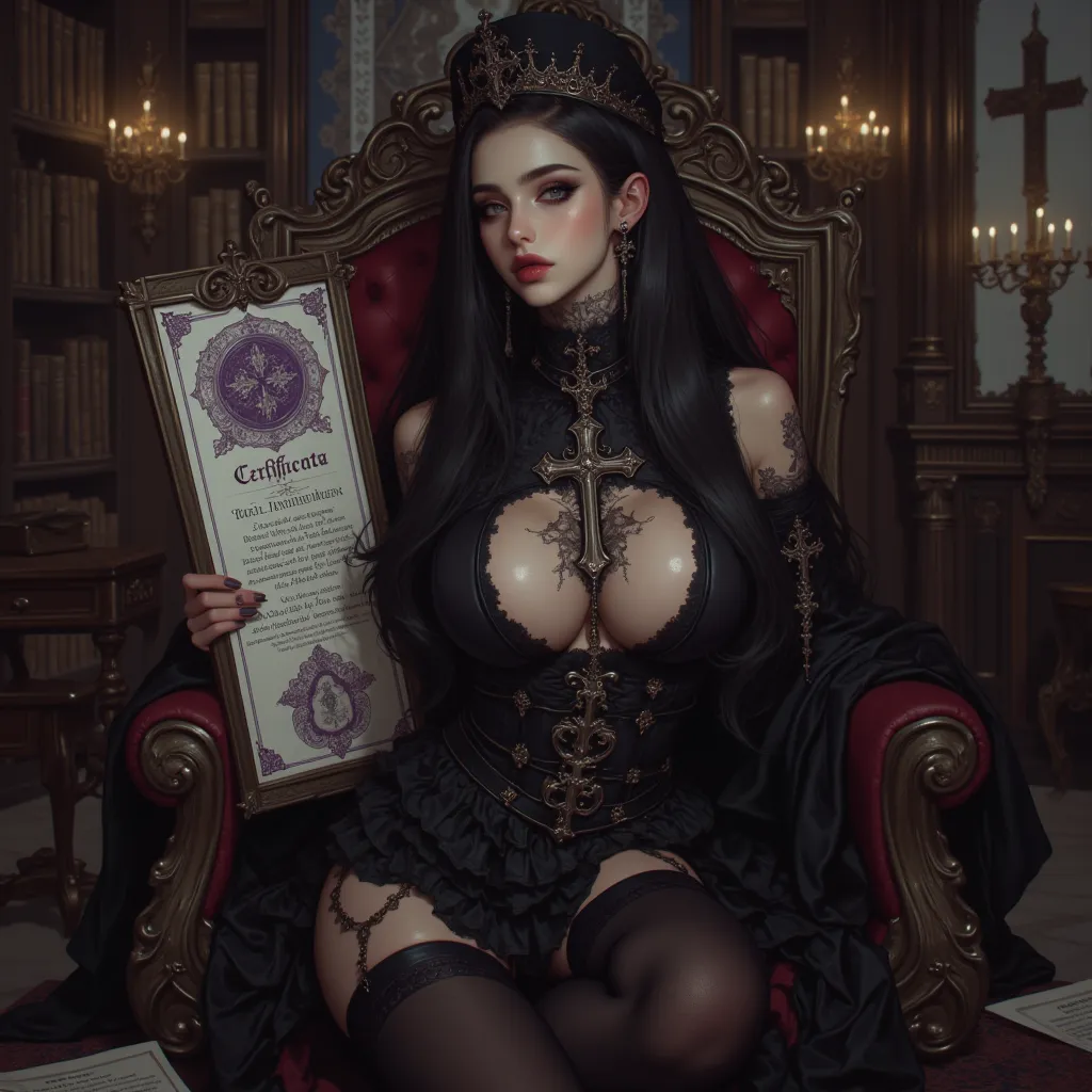 Beautiful 19 year old gothic priestess, gothic makeup, seductive, posing on a heavy wooden chair in a library, presenting a large fancy religious paper certificate with purple details