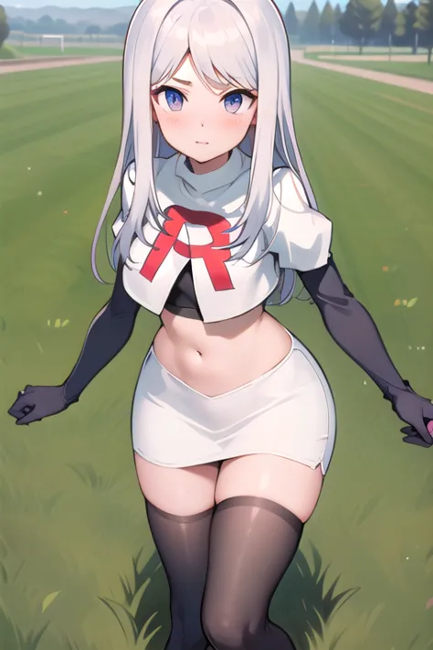 masterpiece, 8k wallpaper, best quality, 1girl, MejiroMcQueen, blush, looking at the viewer, grass, team rocket,team rocket uniform,white skirt,red letter R,crop top,black thigh-highs,black elbow gloves