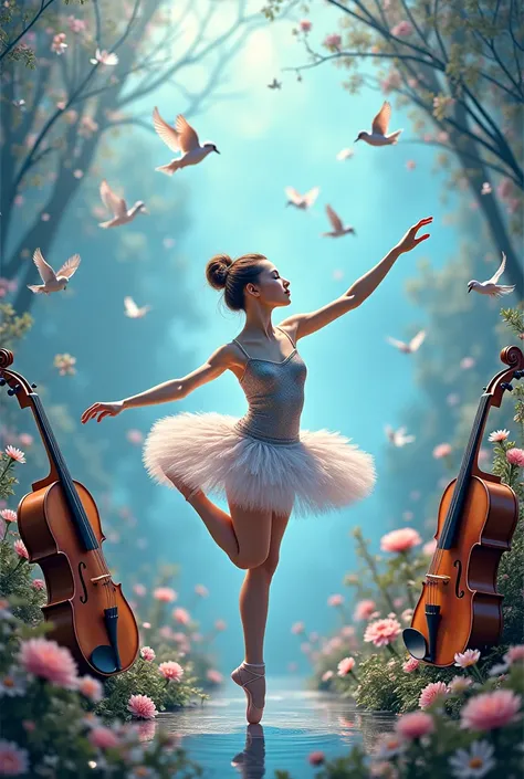 ballerina, violoncello, guitar, Drums, trumpet,  multicolored , birds and flowers, dream