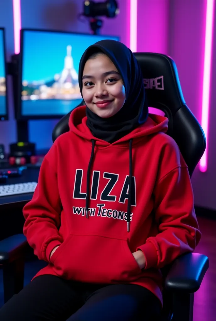 An Bangladeshi girl sitting confidently on a
modern gaming chair in her YouTube studio. She is wearing a bright red hoodie with "Liza With Teconse" boldly printed on it. Her face is clearly visible and expressive despite wearing a sleek black covID-19 mask...