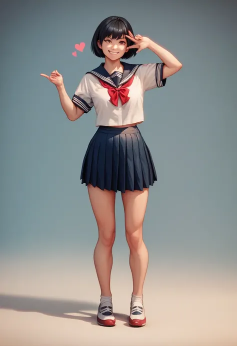 Girl, school uniform, black hair, bangs, short bob, standing, full body, smile,double-piece, front view,dynamic pose ,assuming , Heart in hand