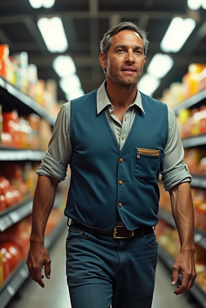 Castiel, a grocery store employee, puts groceries on store shelves. He's wearing a plain, sometimes tattered grocery worker uniform, Blue vest