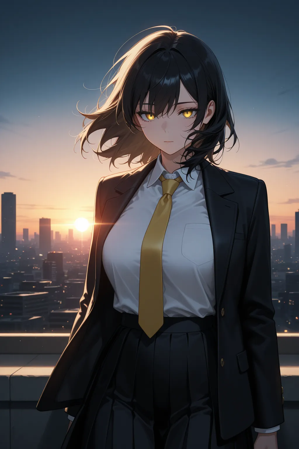 1girl, intricate detail, masterpiece, best quality, extremly detailed,cinematic lighting, beautiful detailed glow, finely detailed beautiful face and eyes, 8k, dark intense shadows, yellow eyes, medium hair, black hair, bangs, floating hair, black jacket, ...