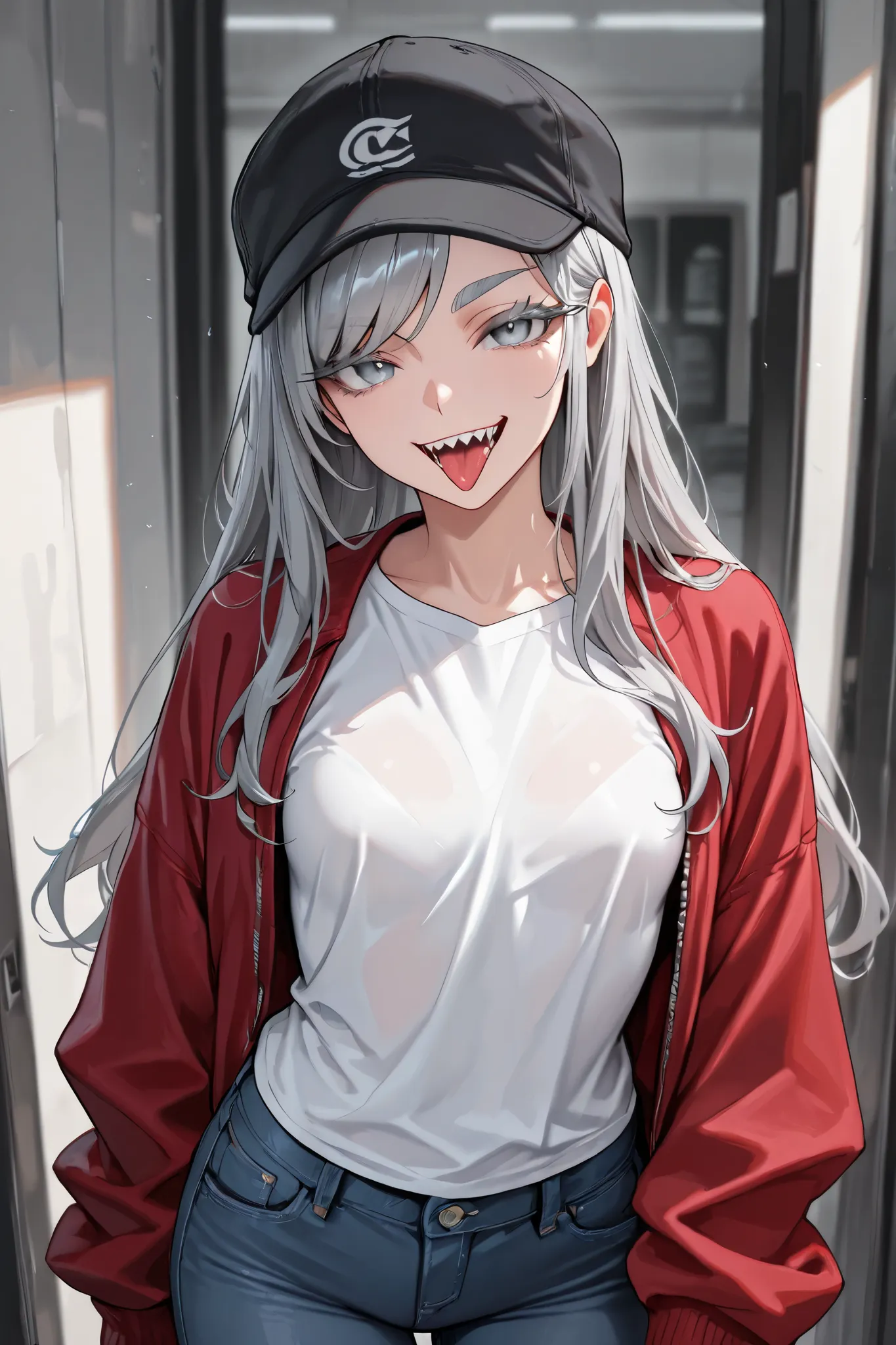 Masterpiece, detailed, Solo, 1 girl, Sharp teeth, grin, open mouth, tongue out, looking at viewer, cap, long hair, jacket, white shirt, jeans, small breasts, sleeves past wrists, aged up, grey hair, grey eyelashes, grey eyebrows, swept bangs