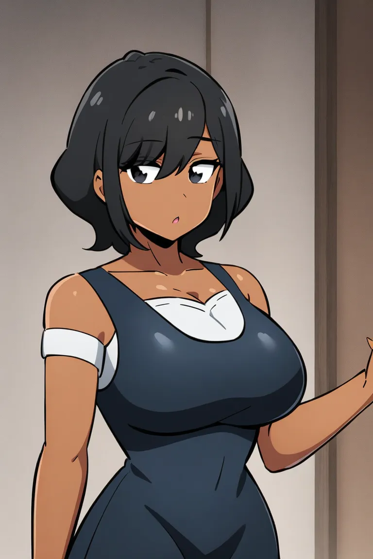  Woman with long black hair.  black eyes. Dark Skin. big breasts. 2d anime style