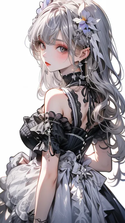  has a lot of white space、(Top Quality, masterpiece), One Girl, beautiful girl, brown_eye, ((hair color [Silver hair], [前hairありのピクシーカット] hair)), earrings, lips, Short sleeve,realistic, thin waist, charm,  colorful makeup , Long eyelashes, white skin, (cute...