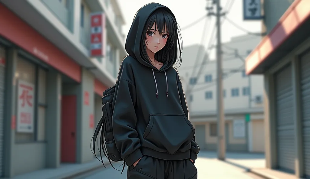 japanese girl wearing hip hop style outift and looking so cool with hoodie