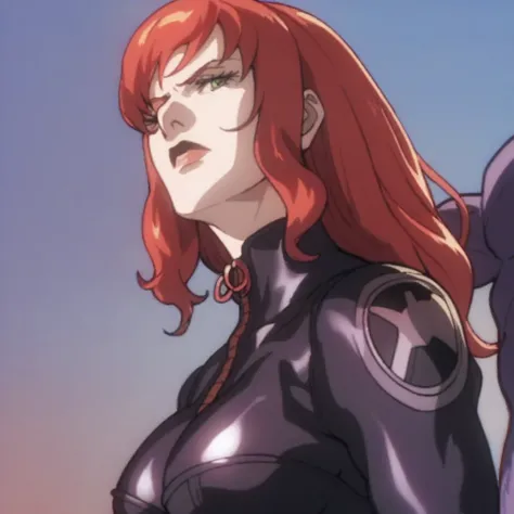 black widow anime, bodysuit, red hair, long hair, medium breasts, thanos anime, purple skin, thanos tortures black widow