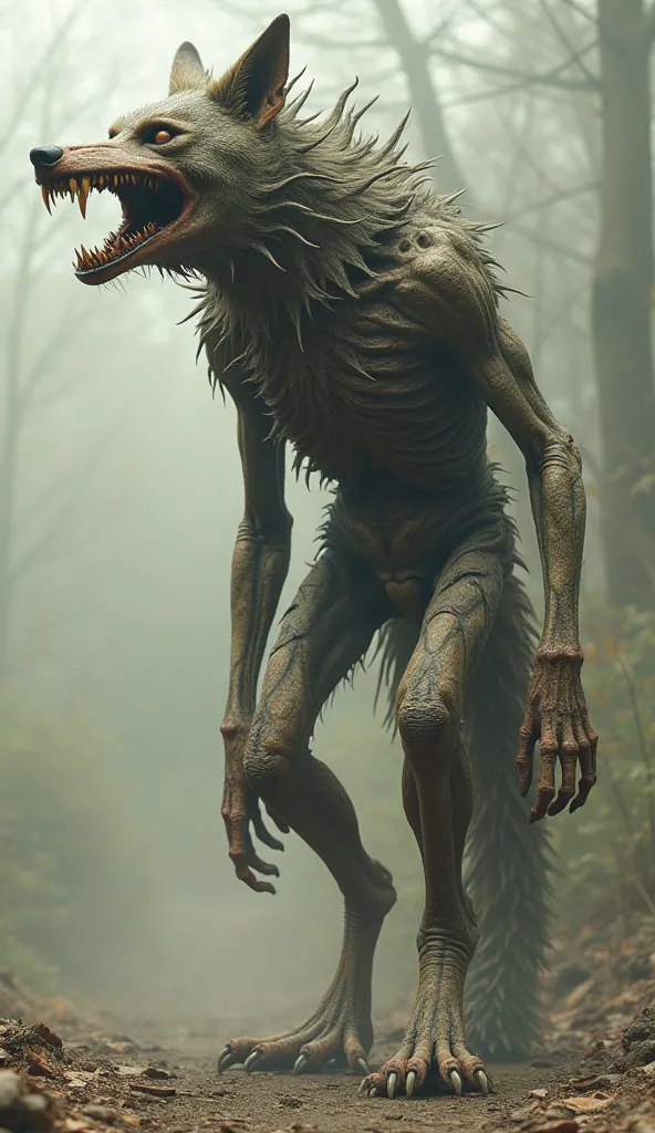 A towering, emaciated wolf-like creature whose body is stretched beyond natural limits, its skin peeling away in sections to reveal gaping mouths where there should be fur. Each mouth moves independently, whispering and laughing in different voices. Its ey...