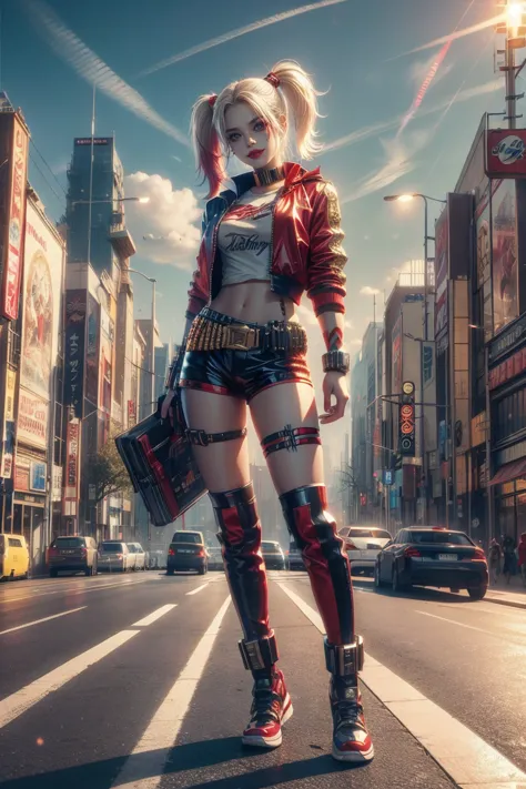 kinematics, foreground(high quality), (Masterpiece), (detailed), 8K in a hyper-realistic digital representation, A lone (japanese girl1.2) It is located in the middle of a futuristic urban landscape, embodying the essence of (harley quinn1.3). Her vibrant ...