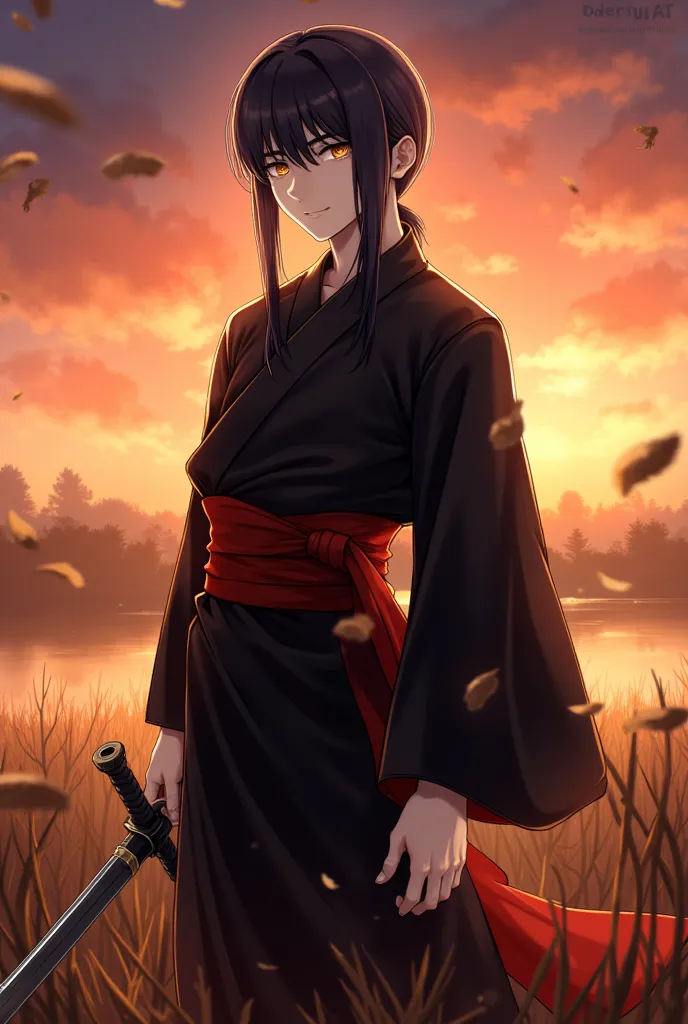 высокое качество,  One character, young man, long hair, Black hair, brown eyes, kimono, a sword, one hand is missing, черное kimono, red belt, Sunset