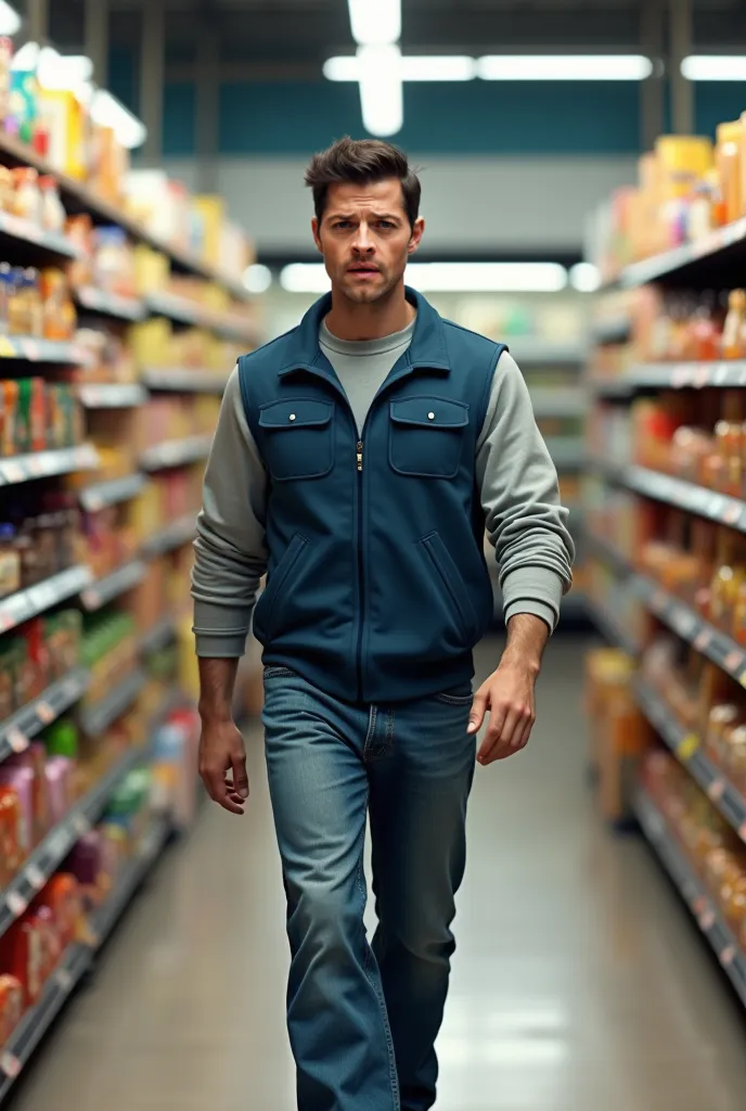 Castiel, a grocery store employee, walks between the rows of the grocery store. He is wearing a plain grocery worker uniform: Blue vest, long sleeve sweatshirt,  jeans