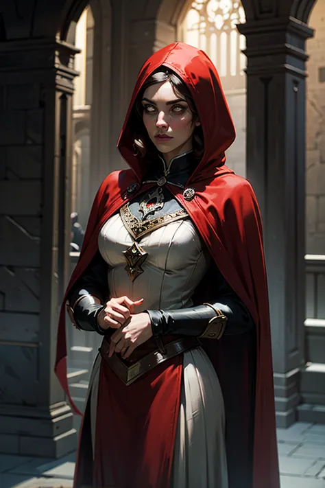 medieval dark fantasy, A powerful female inquisitor dressed in a striking red outfit. She wears a long, flowing crimson cloak and a sharp, imposing red capirote that completely obscures her face, adding an air of mystery and authority. Her armor is both el...