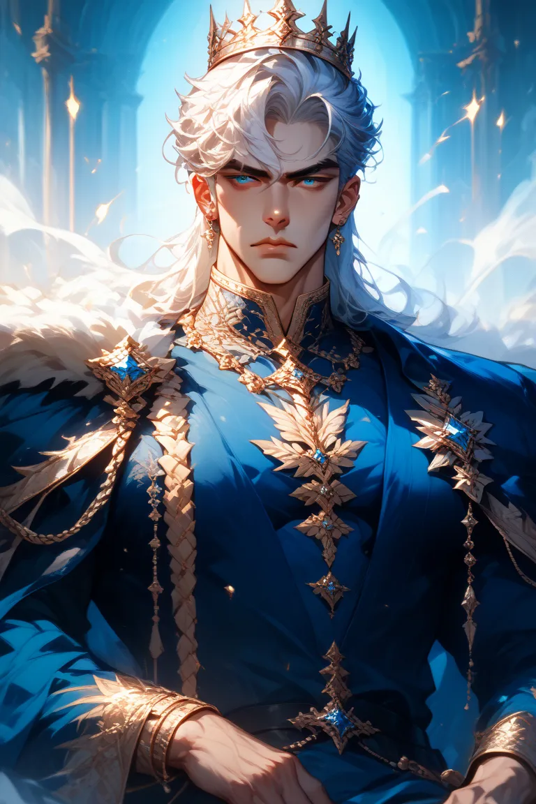 Create an imposing, muscular man dressed in majestic attire worthy of a king. His long, straight white hair falls over his shoulders, giving him a noble and imposing aura. His piercing blue eyes exude power and determination, reflecting the authority of a ...