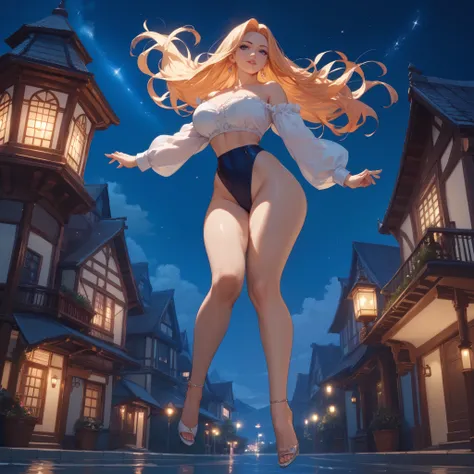  anime woman night, random light color and random color hair, long hair, full body, in perspective(((body with beautiful curves, in the air))) 