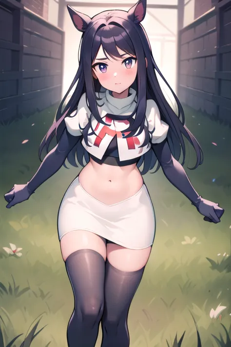 masterpiece, 8k wallpaper, best quality, 1girl, MejiroMcQueen, blush, looking at the viewer, grass, team rocket,team rocket uniform,white skirt,red letter R,crop top,black thigh-highs,black elbow gloves