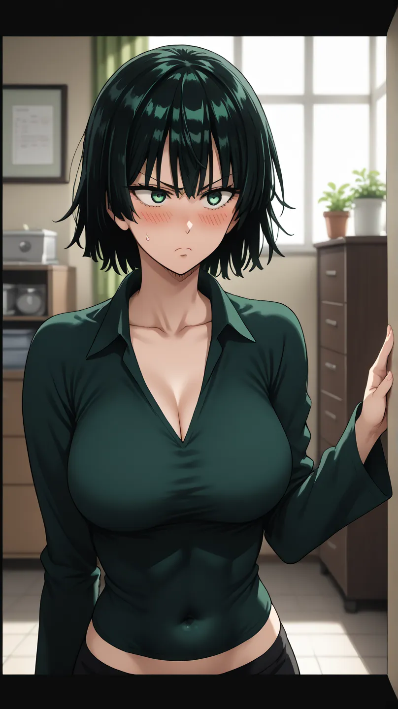 score_9, score_8_arriba, score_7_arriba,   source  _anime, BREAK 1 girl, PopmFubuki , black hair, short hair, green eyes, big breast, 
 1 girl,  breasts, Alone , blush, neckline, big_ breasts, blows, indoors, Half_hair, long_sleeves, tiles,  collarbone, gr...